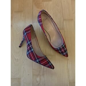 J Crew Elsie Pumps Tartan Red Black Plaid Holiday Glitter Soles Heels 7.5